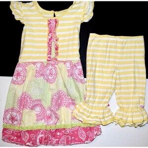EUC RUFFLE BUTTS DRESS YELLOW PINK GREEN CAPRI STRIPED PANTS 2 PC SET SIZE 8